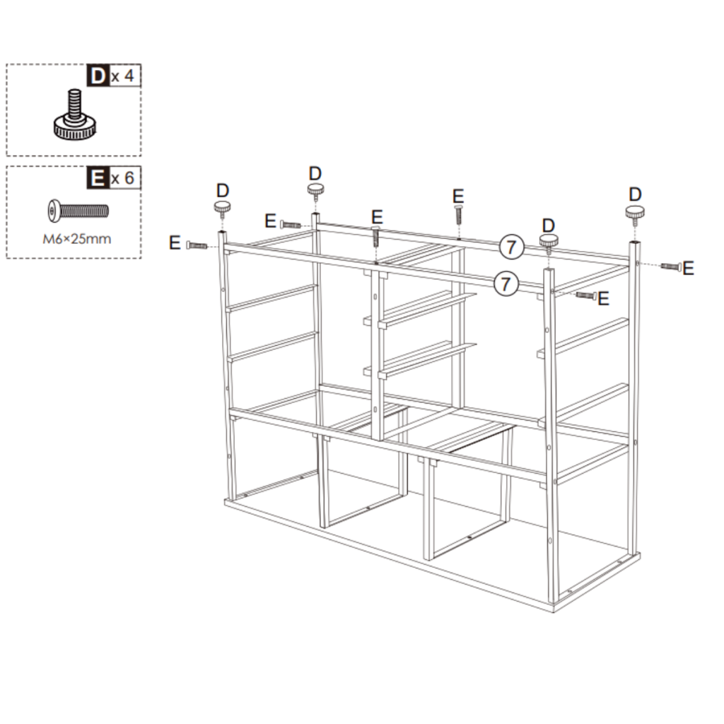 Fasten top metal bars to complete dresser frame using long M6×25mm bolts