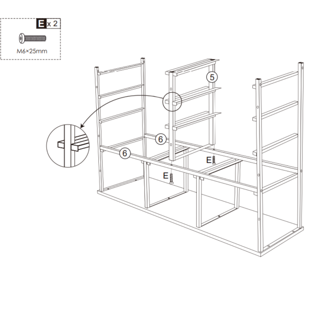 Attach the middle frame panel using M6×25mm bolts to connect both sides of the dresser structure