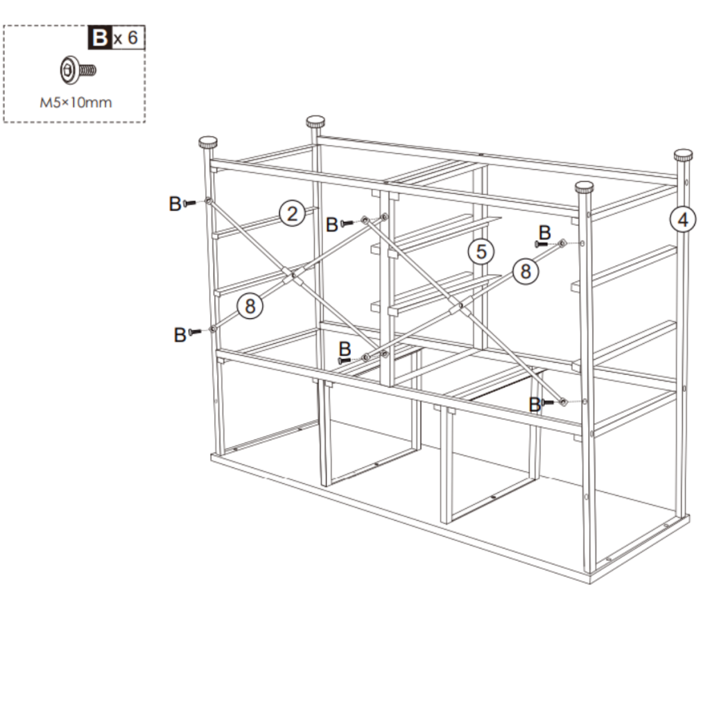 Attach rear cross bars in an “X” shape to reinforce dresser structure and prevent wobbling