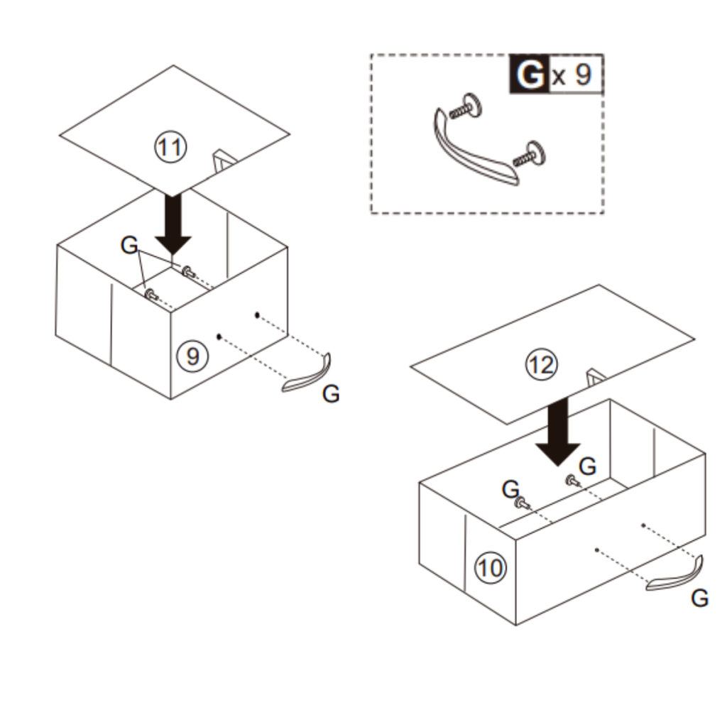 Insert fabric drawers, then fix curved metal handles to drawer fronts with screws