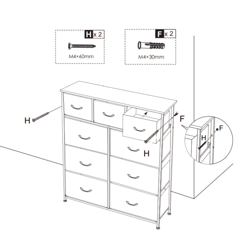 Attach wall safety straps with M4×60mm screws to secure the dresser firmly and prevent tipping