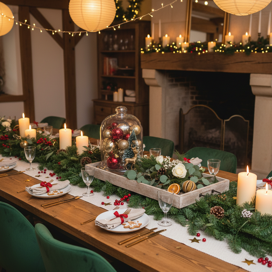 Festive dining table with mixed red and blue Christmas centrepieces and wrapped gifts