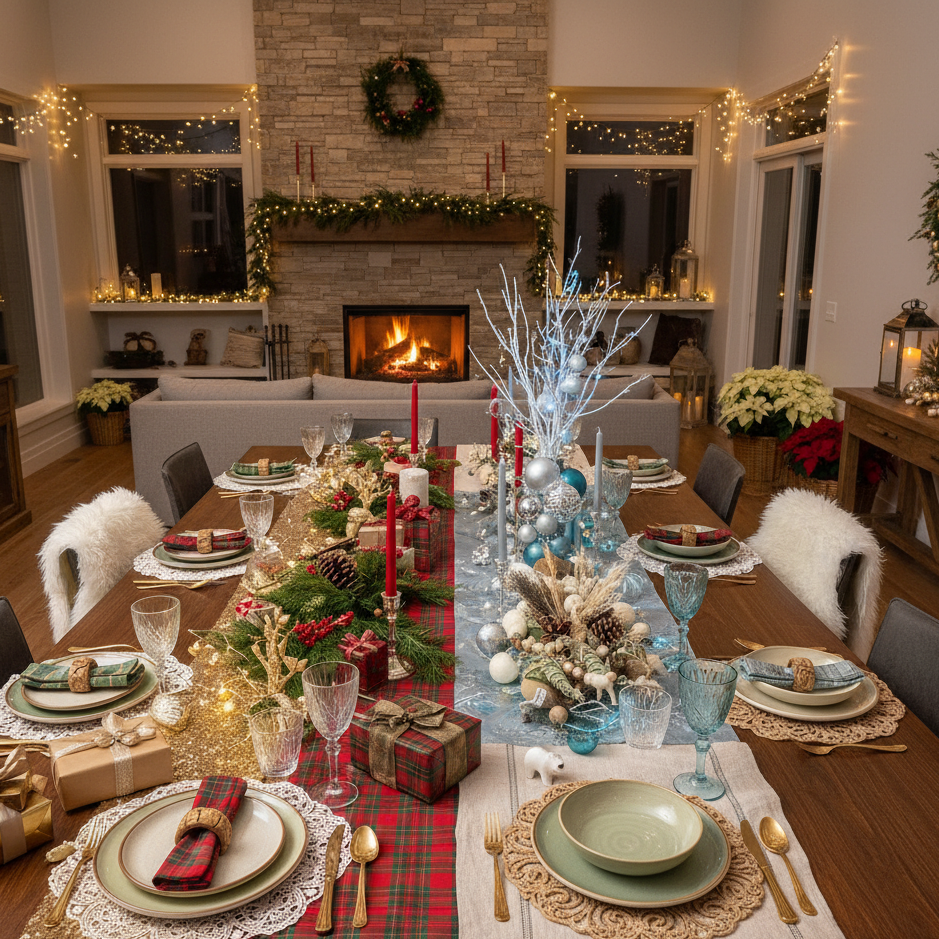 Christmas table with red and green dinnerware, candles, and gold reindeer decor