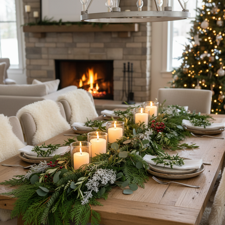 Elegant dining table decorated with evergreen garland and candles beside fireplace