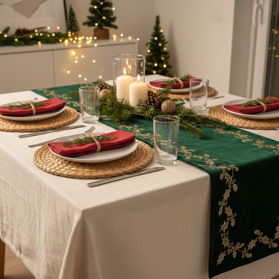 Table setting with green and red linens, candles, and natural woven placemats