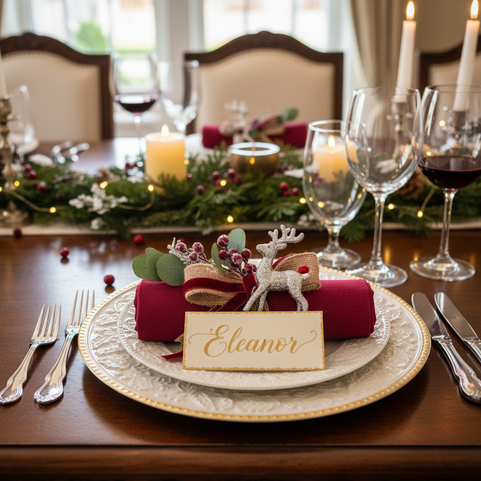 Close-up of Christmas place setting with red napkin, name card, and reindeer decoration