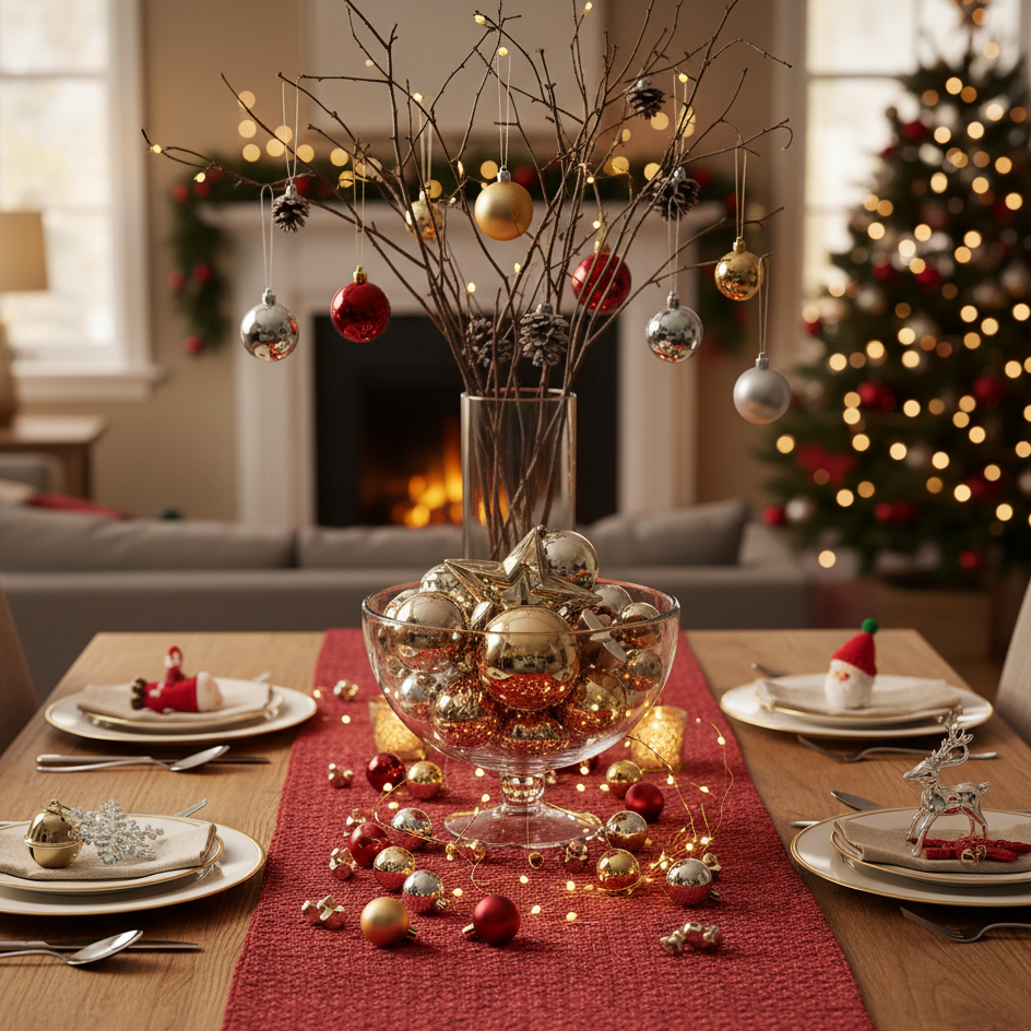 Festive table decorated with gold and red ornaments, fairy lights, and holiday tree backdrop