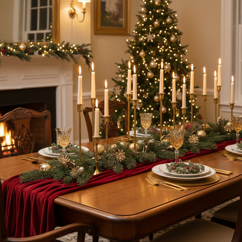 Holiday dining table styled with gold, red, and silver metallic decorations and candles