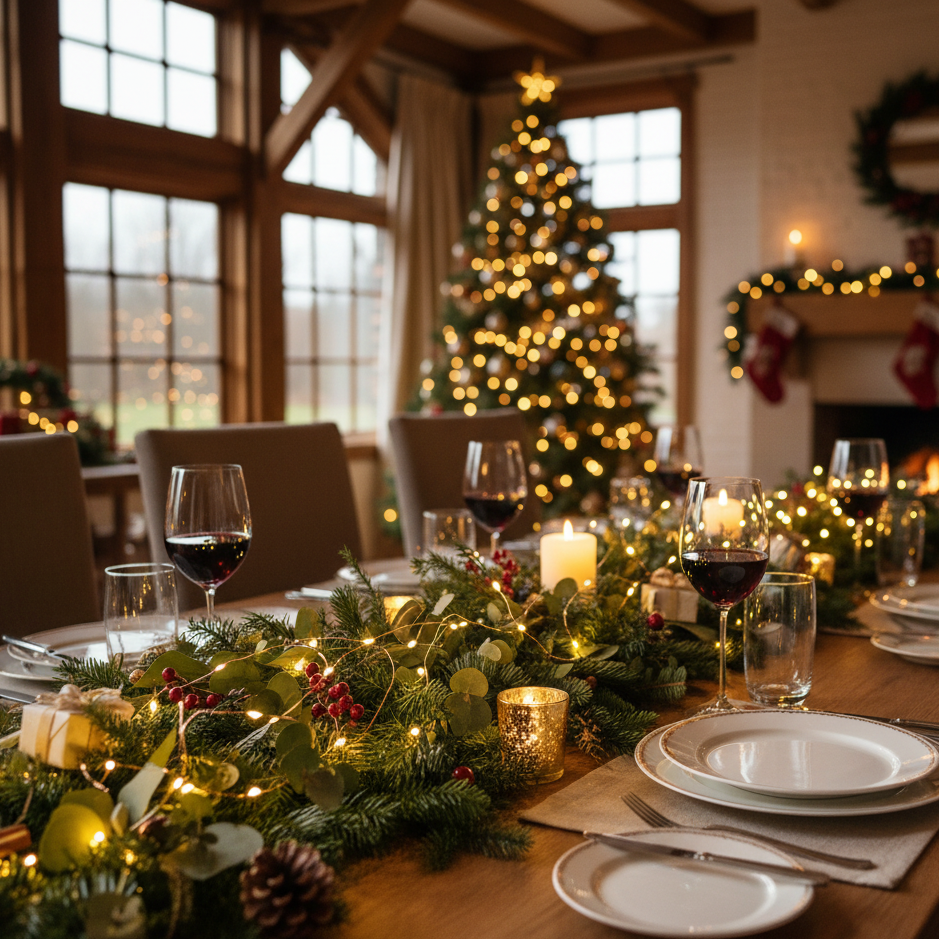 Christmas dining table with garland, fairy lights, and glowing candles by tree