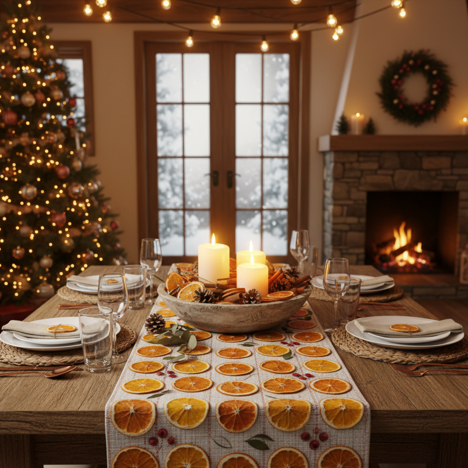 Rustic Christmas table decorated with dried orange slices, candles, and pinecones