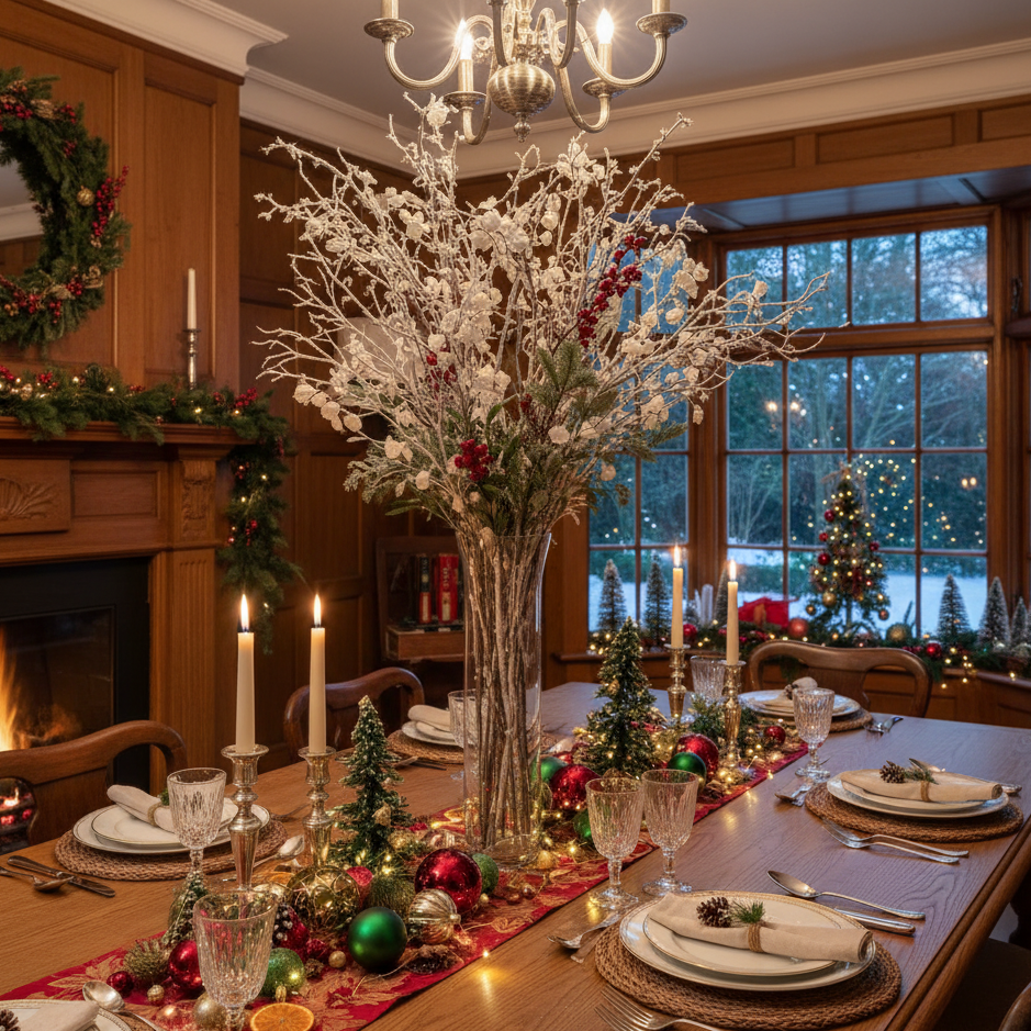 Christmas table featuring tall frosted branches and ornaments for a layered centrepiece design