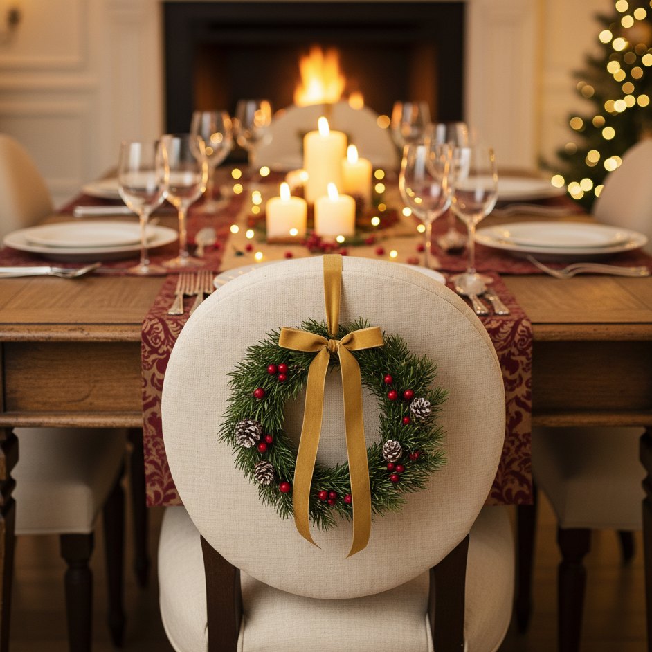 Dining chair with mini Christmas wreath and gold ribbon beside candlelit table