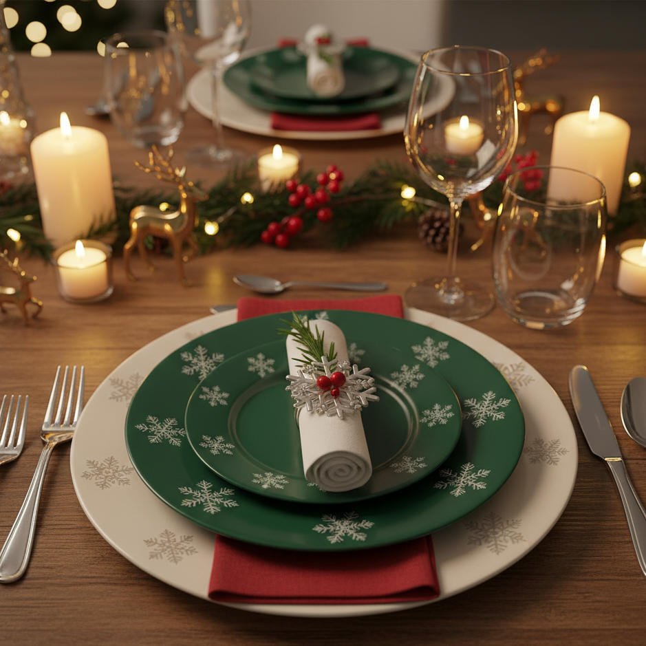 Close-up of green snowflake-pattern dinner plates, candles, and holly napkin ring