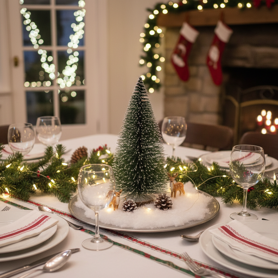 Tabletop Christmas display featuring small tree, fairy lights, and pinecones