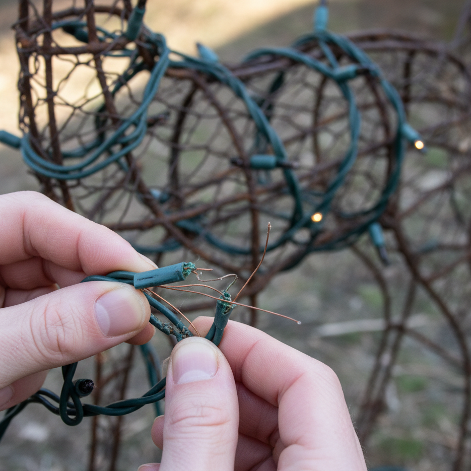 Close-up of damaged outdoor light wire being inspected and repaired on metal deer frame