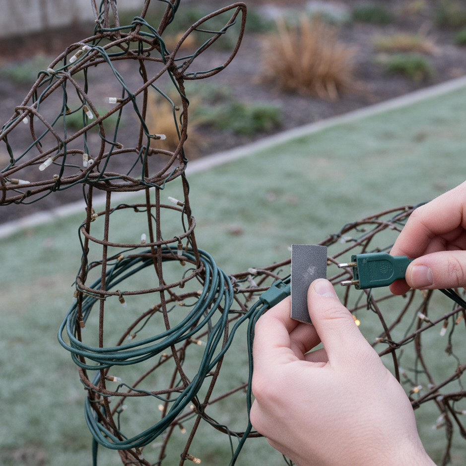 Hands repairing loose plug connection on Christmas deer light with green wire cord