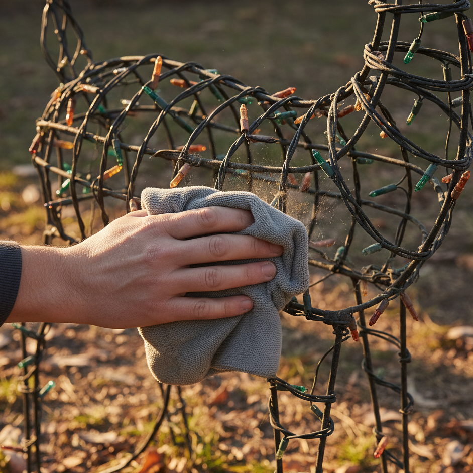 Cleaning outdoor reindeer light frame with cloth to remove dirt and maintain brightness