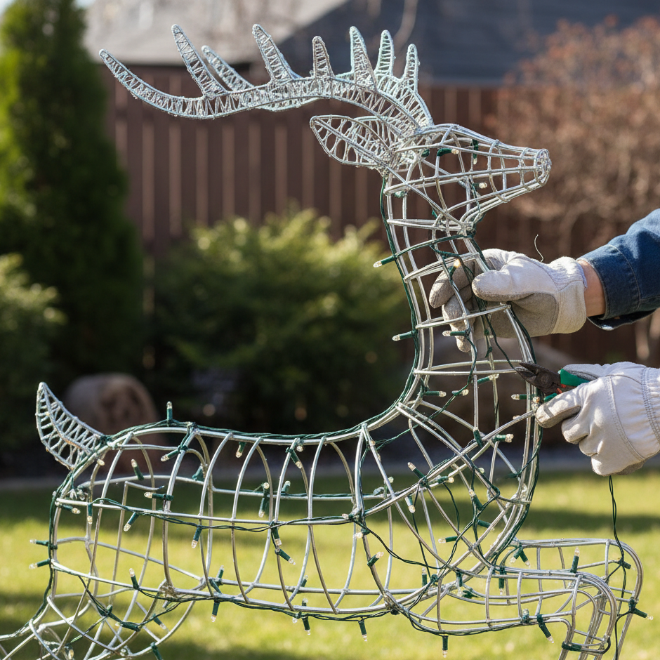 Person fastening Christmas string lights onto reindeer frame with gloves for safe setup