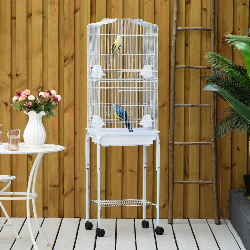 Tall white bird cage with two birds in garden patio.