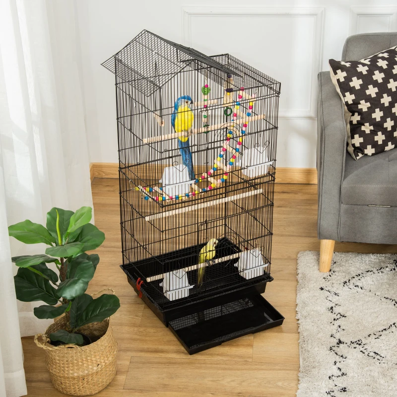Tall black bird cage with colourful toys and two birds.