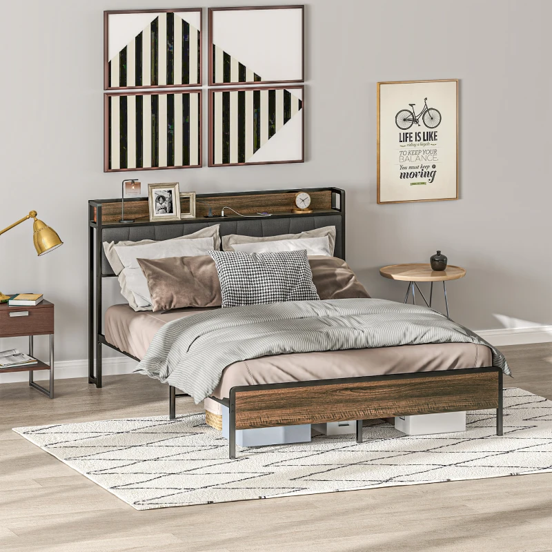 Walnut bed frame with storage headboard and neutral bedding in modern room.