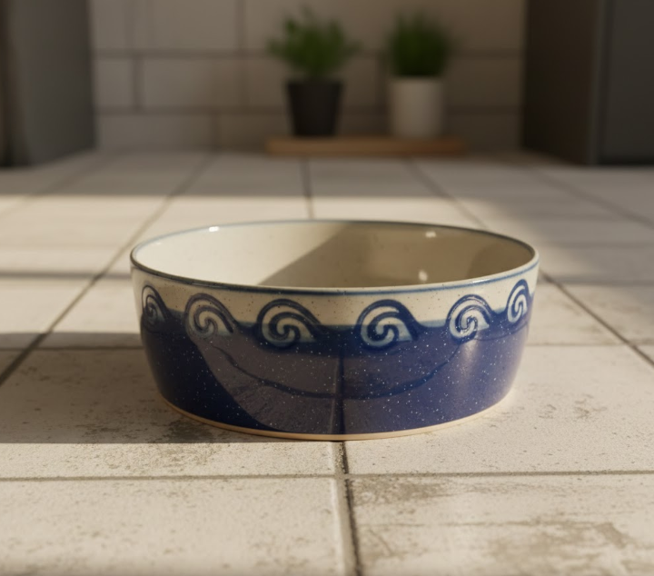 blue ceramic pet bowl with decorative swirl pattern on tiled floor.