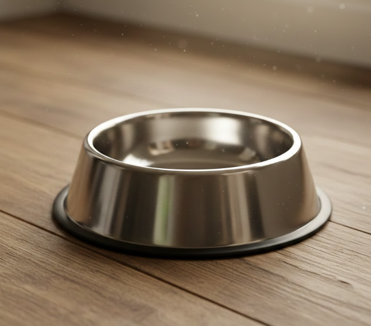 Empty stainless steel dog bowl sitting on a wooden floor indoors.