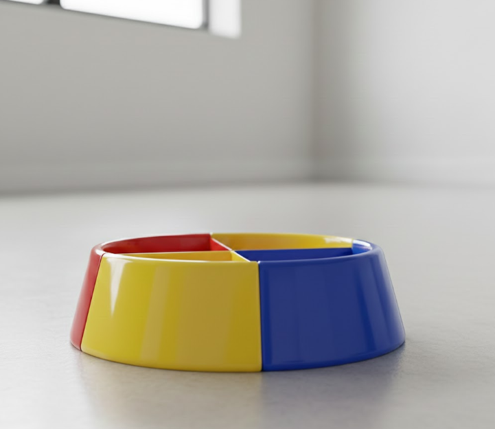 Colorful divided plastic dog bowl placed on a smooth indoor floor.