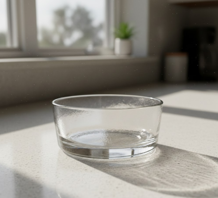 Clear glass pet bowl sitting on a sunlit kitchen countertop.