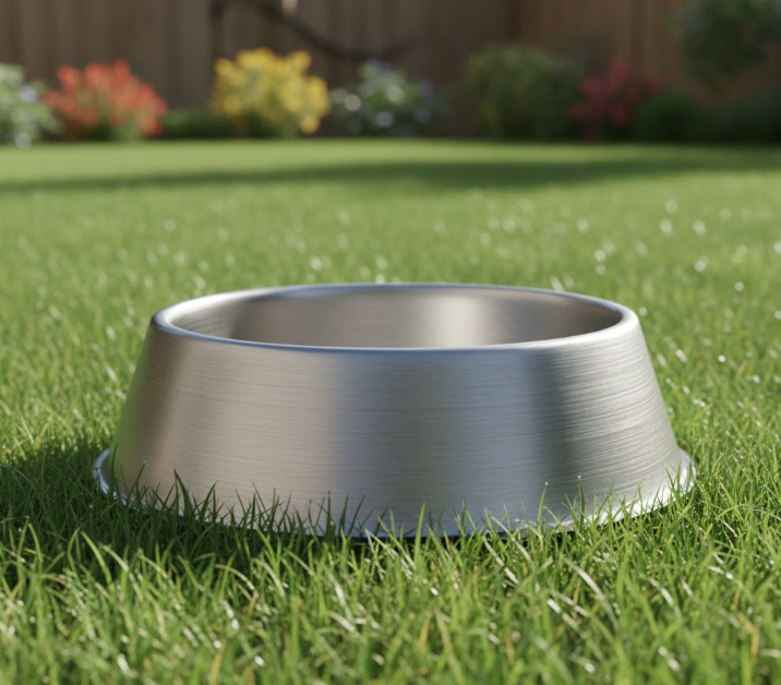 brushed aluminum pet bowl placed outdoors on green grass.