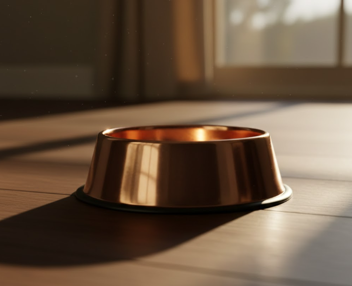 reflective copper pet feeding bowl placed on sunlit wooden floor.