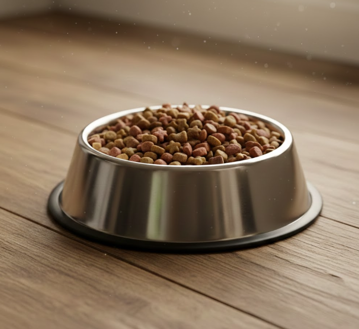 stainless steel dog food bowl filled with kibble on wooden floor.