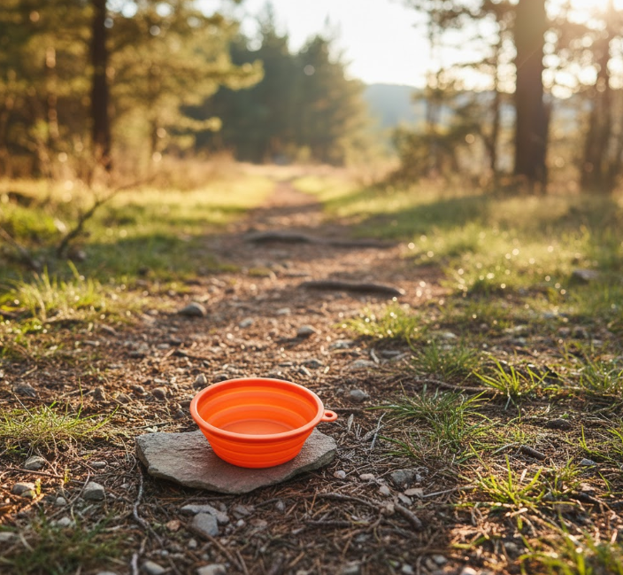 Orange collapsible silicone pet bowl placed on a forest trail rock.