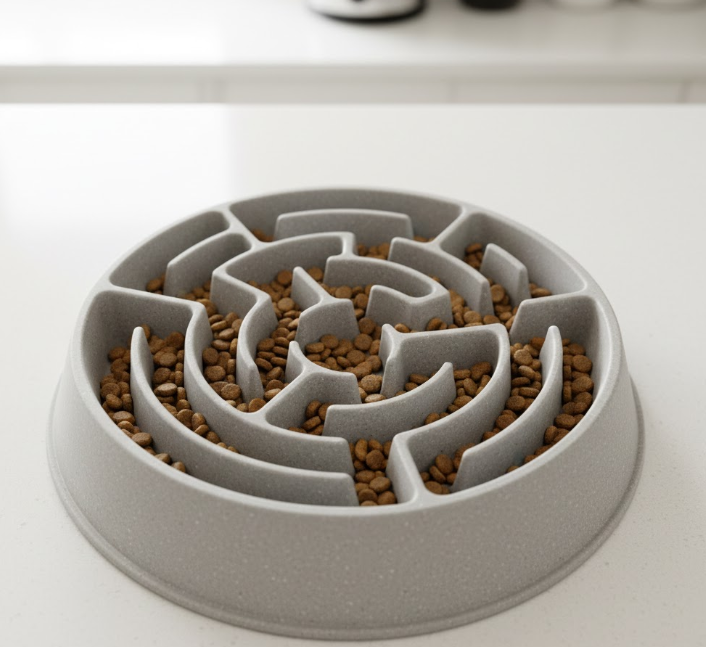  Grey slow-feeder dog bowl filled with kibble on a white countertop.