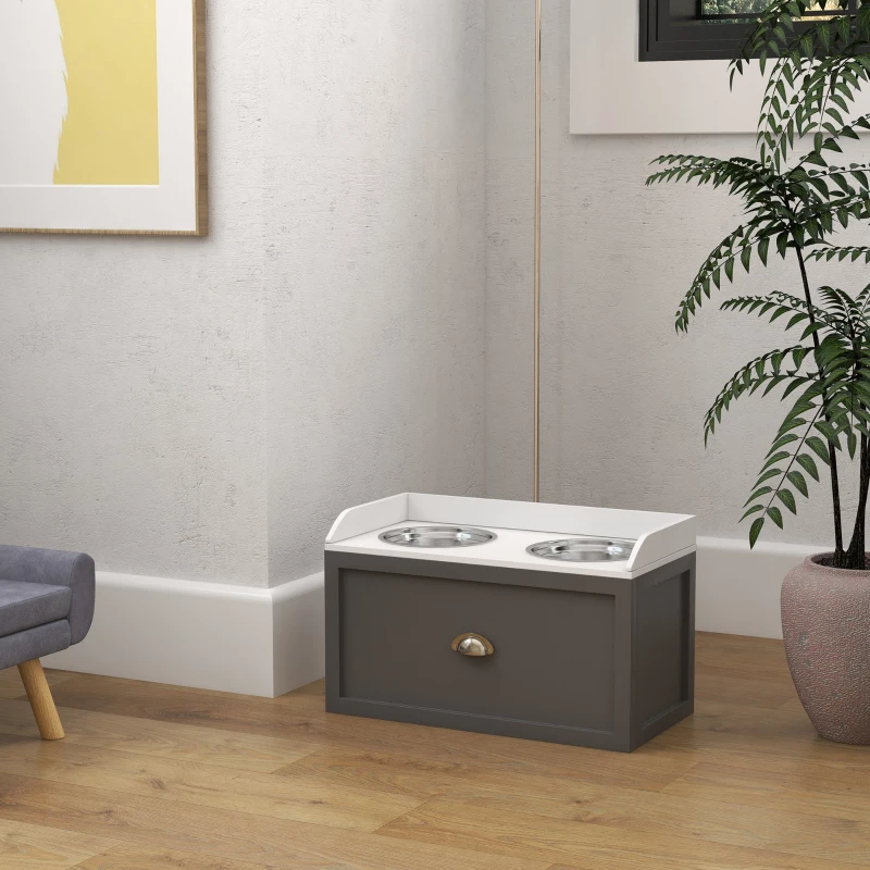  raised double pet feeder with storage drawer in modern home interior.