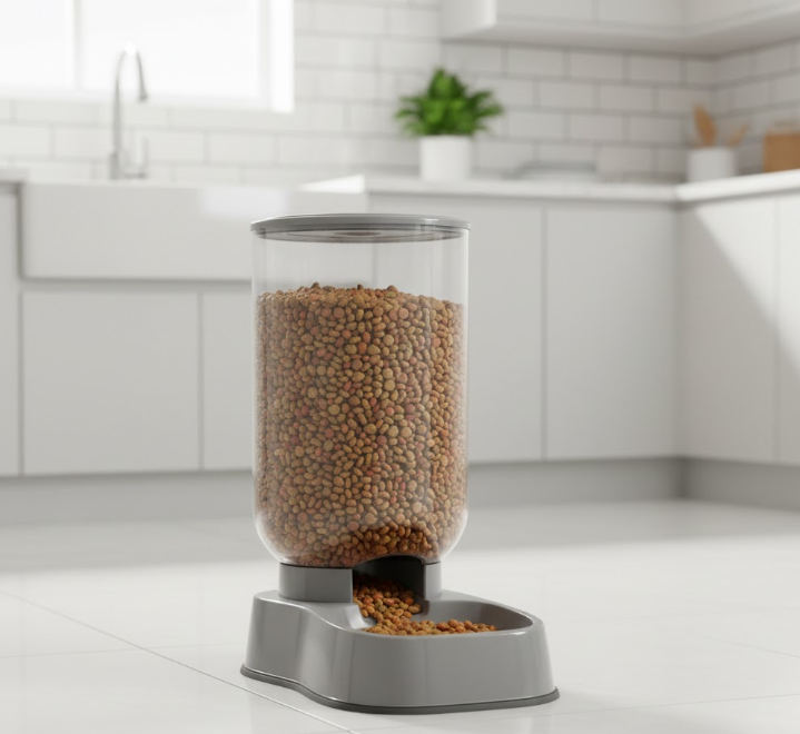 Large gravity feeder dispensing dry dog food on a bright kitchen floor.