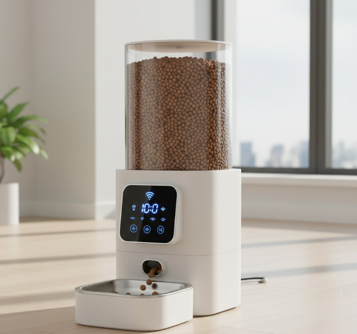  digital automatic pet feeder dispensing kibble into metal bowl.