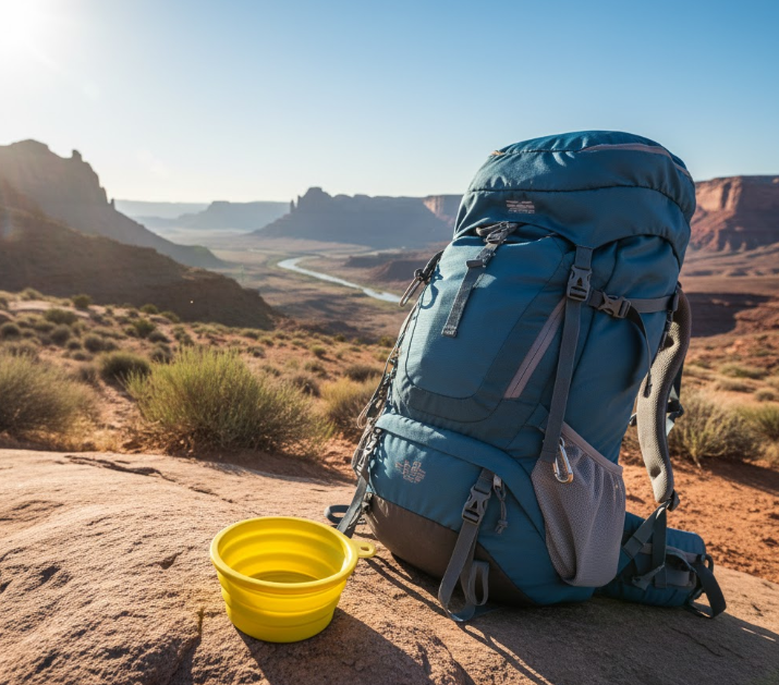 Yellow collapsible travel pet bowl beside a hiking backpack outdoors.