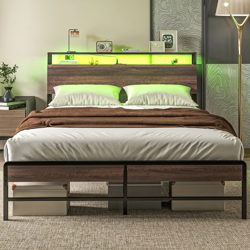 Modern queen bed with wood headboard, green LED lights, and neatly arranged bedding.