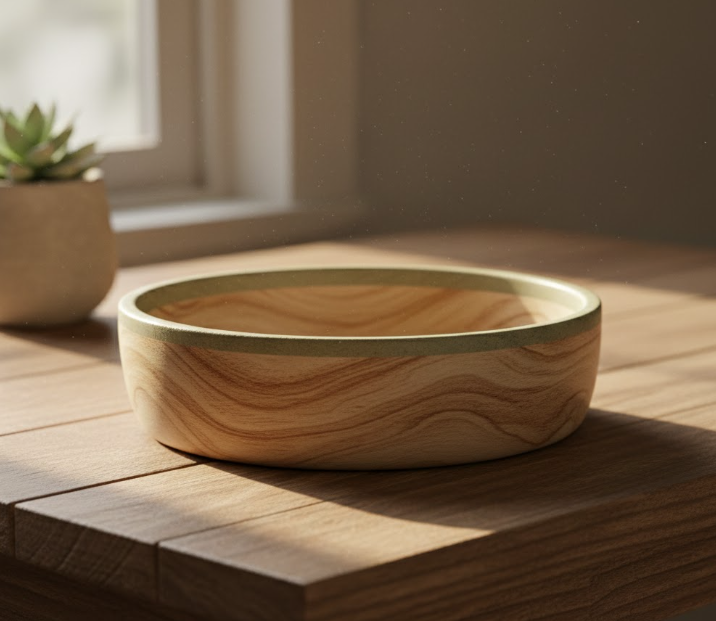 natural bamboo pet bowl on wooden surface near sunlight.