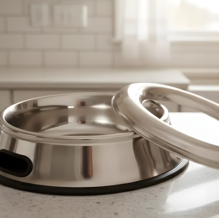 Stainless steel dog bowl with raised rim placed on a kitchen counter.