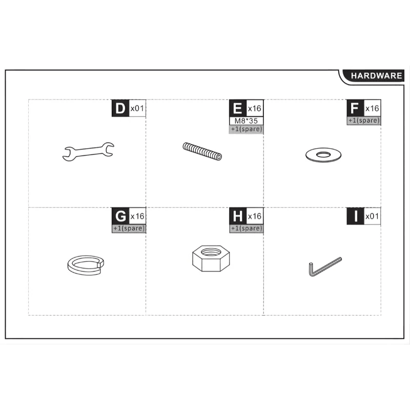 Hardware List.webp, visual layout of bolts, washers, nuts, wrench, and hardware quantities.