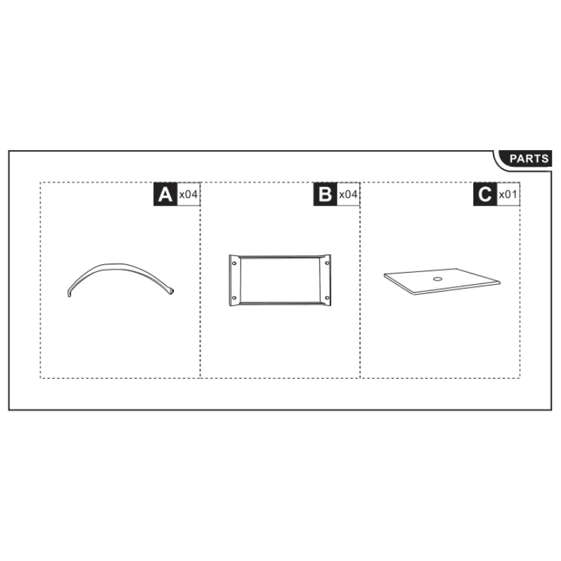 Parts List.webp, labeled diagram of table legs, side frames, and tabletop components.