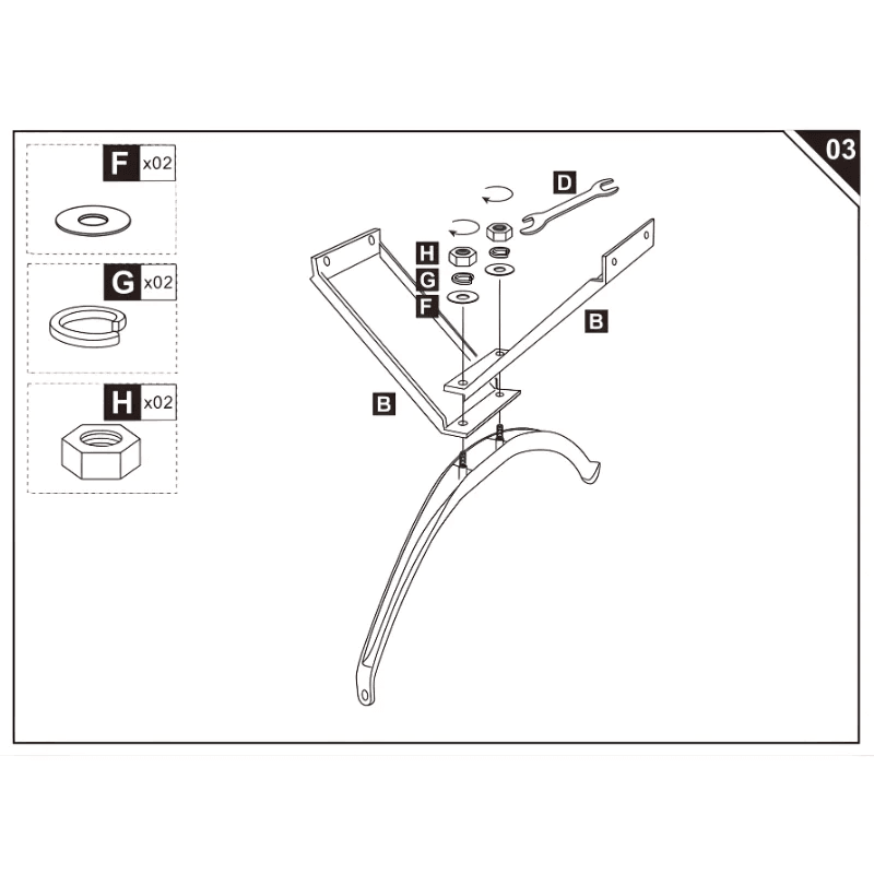 diagram showing metal side frames connecting to the curved leg.