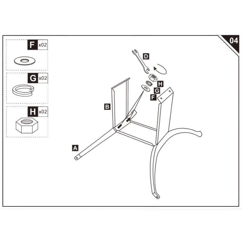 illustration of attaching curved support bar using washers and nuts.