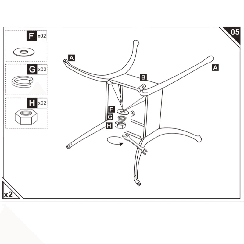 illustration of attaching curved legs with washers and nuts.