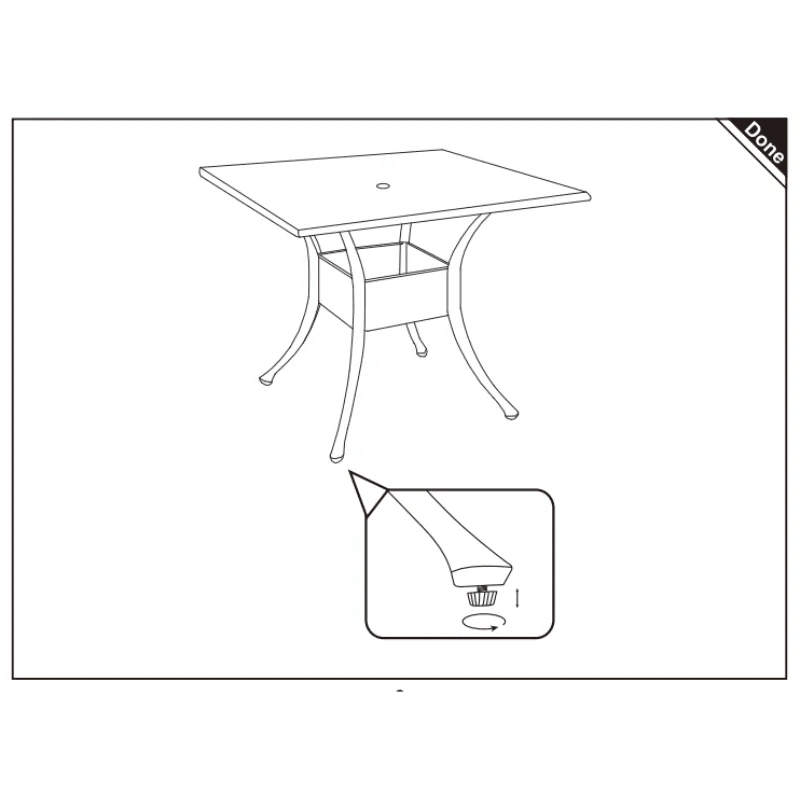 final assembled patio table with adjustable leveling foot.