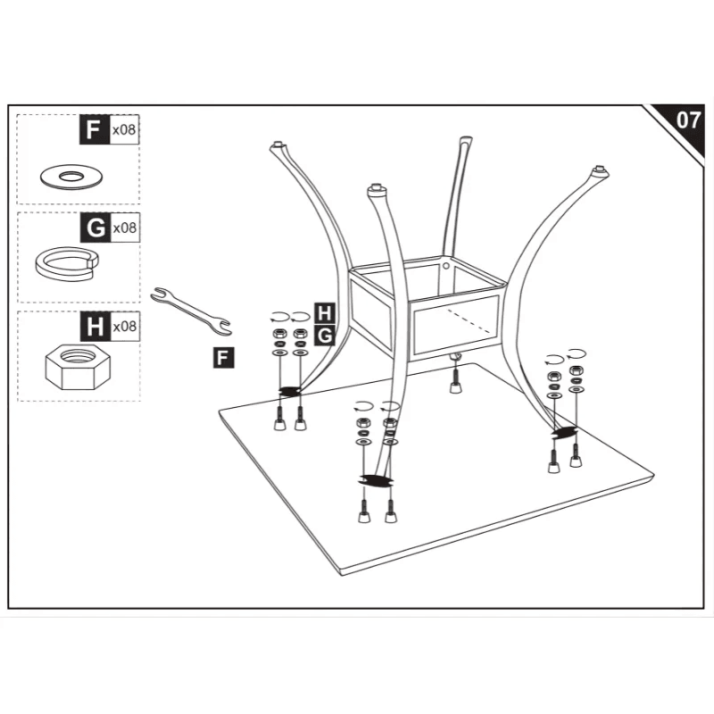 diagram showing table frame being secured to tabletop with screws.