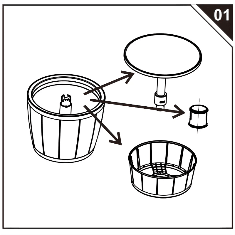 Assembly parts layout showing table body, top base, connector tube, and screws.