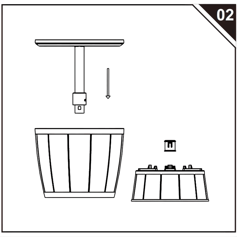  Diagram showing top base being lowered into the main patio cooler table body.